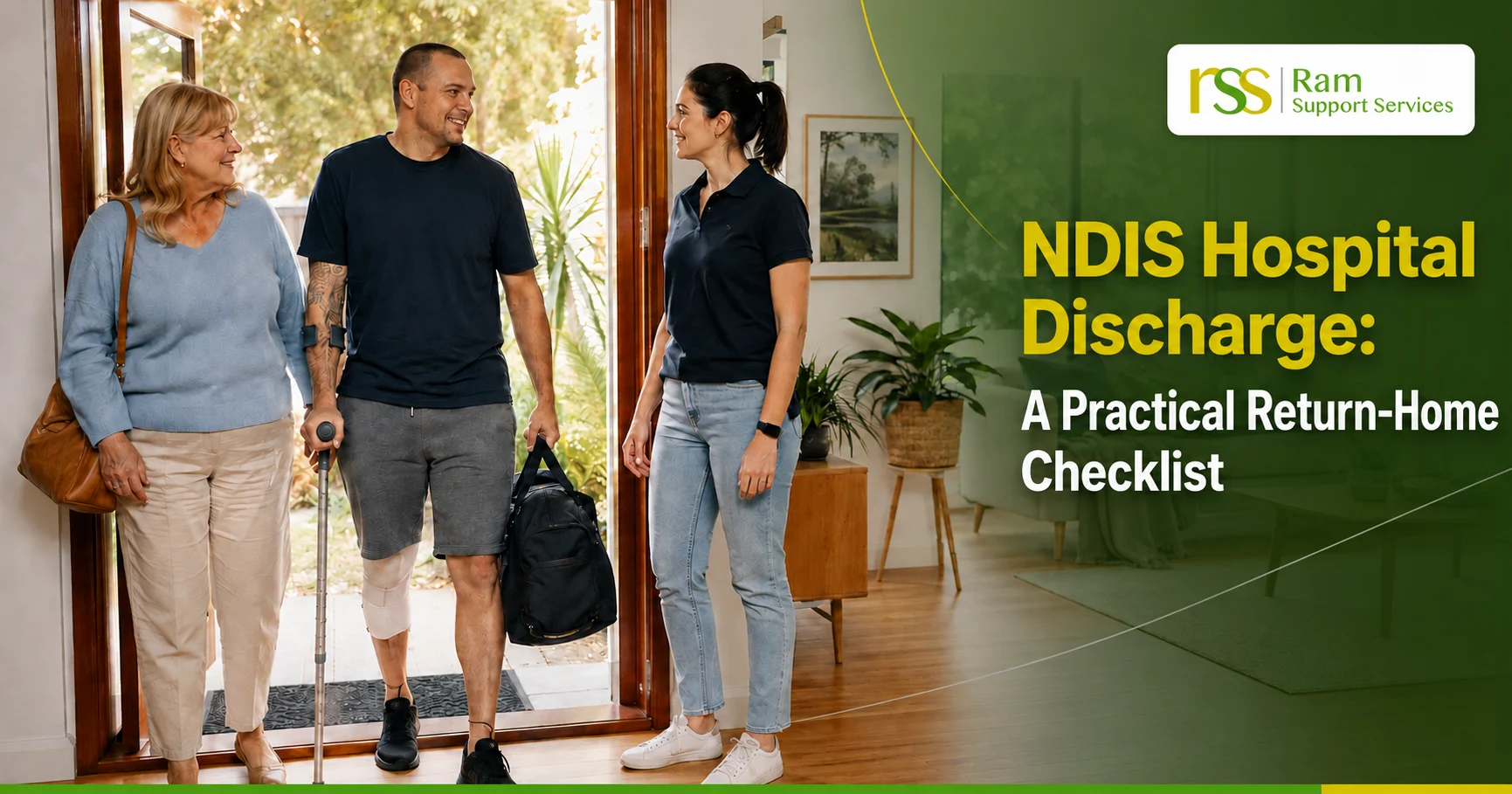 NDIS participant returning to an accessible home with a family member and disability support worker