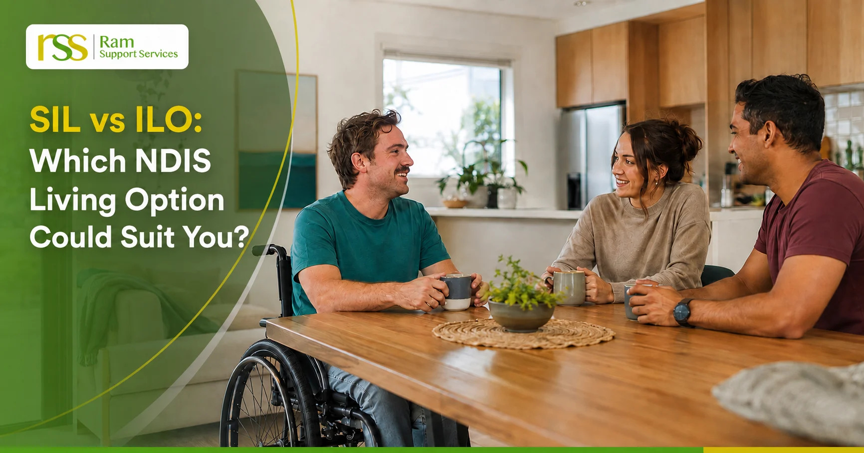 NDIS participant using a wheelchair discussing living options with a support worker and housemate at home